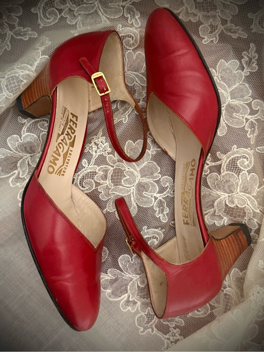 Salvatore Ferragamo Red Leather Mary-Jane Block Heel Pumps